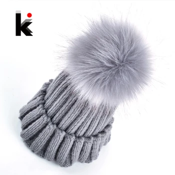 2018 Noua moda femei beanie hat imitație de blană minge de Tricotat lână capac iarnă pălării pentru femei multe culori