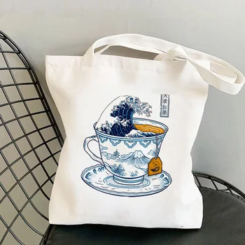 2021 Shopper Mare Kanagawa Ceai Tipărite Tote Sac femei Harajuku geantă shopper fata de Umăr geantă de cumpărături Doamnă Sac de Panza
