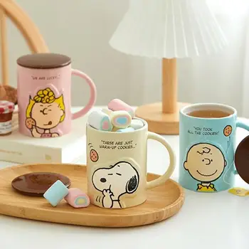 450Ml de Desene animate Snoopy Mare Capacitate Cana Ceramica cu Capac 3Styles Anime Kawaii uz Casnic mic Dejun Ceașcă de Cafea cu Lapte Cana pentru Cadouri