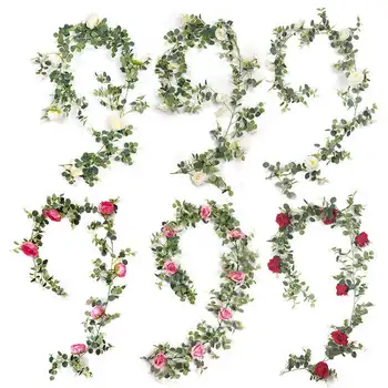 Artificiale Eucalipt Ghirlanda cu Flori, Verdeață Ghirlanda Trandafir Alb Ghirlanda pentru Masă de Nuntă Grădină Cameră Decoratiuni