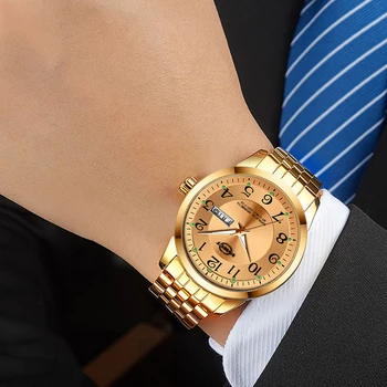 Aur pentru Bărbați Ceas Bandă de Oțel Inoxidabil Moda Luminos Cuarț Ceas Pentru Om Dublu Calendar de sex Masculin Ceas reloj hombre Ceas