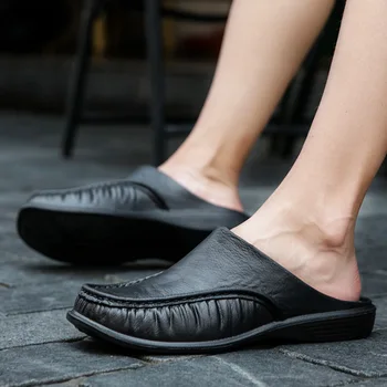 Barbati Negru Sandale Din Piele Interior Exterior Mare Leneș Semi-Remorcă Ușoară Sandale Casual Cu Talpa Moale Papuci De Casă Plat Pantofi Cu Toc Pentru Barbati