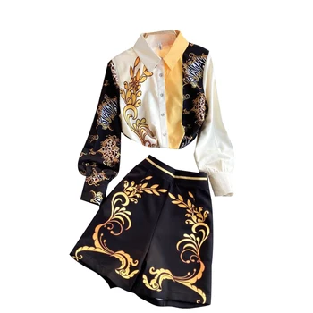 Birou Doamnă Temperament Print Floral cu Maneci Lungi Guler de Turn-down Tricouri Casual+pantaloni Scurți de Înaltă Talie 2 Bucata Set de Îmbrăcăminte Costum