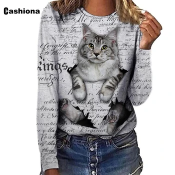 Cashiona Plus Dimensiunea Femei de Moda Elegant Artistice Pisici Scrisoare de Imprimare T-shirt Femei Top Streetwear 2021 Toamna Liber Tricouri Tricou
