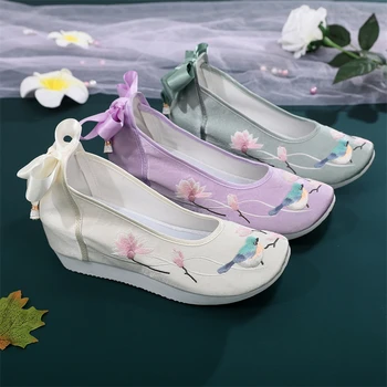 Chineză Tradițională Hanfu Pantofi Femei Ascuns Tocuri Pană Antice Orientale Lolita Broderii Florale Dantela-up Confortabil Slip-on