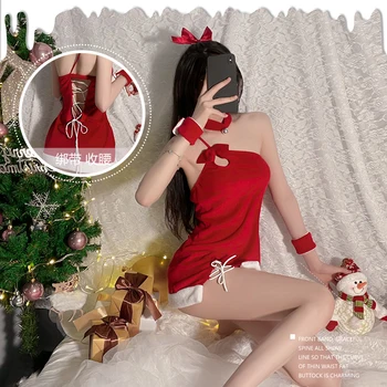 Cosplay, Costume De Crăciun Lenjerie Sexy Pentru Femei Babydolls Backless Dressse De Sex Feminin Uniformă Roșie De Catifea Seturi De Lenjerie De Corp De Îmbrăcăminte