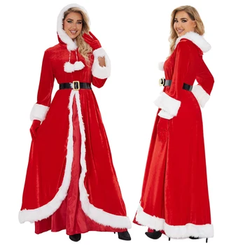 Costum De Craciun Pentru Femei Rosu Cu Blană Lungă Rochie De Costume Cosplay Etapa Regina Rochie De Moș Crăciun Cu Gluga Rochii De Carnaval De Crăciun Haine