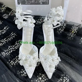 Doamnelor Alb Dantelă impodobita de Cristal Florale Folie Sandale Femei de Lux Curea Roz din Piele Tocuri Subtiri de Mare de Moda Pantofi de Nunta
