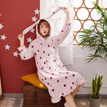 Drăguț Cu Gluga Cămașă De Noapte Din Flanel Gros De Iarna Cald Pentru Femei Camasa De Noapte, Pijamale Genunchi Lungime Vrac De Agrement Pijamale Femei