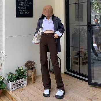 Epocă Talie Inalta Blugi Femei Cafea Vrac Chic Moda Coreeană Pantaloni Largi Picior Streetwear Harajuku Femei Denim Pantaloni