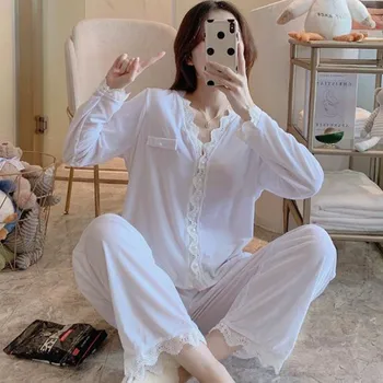 Fdfklak Coreean Dantela Doamnelor Pijama Set Nou V Gatului Maneca Lunga Pijamale Pijama Costum Gros De Aur, Catifea Cald Iarna Pijamale Femei