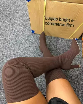 Femei Peste Genunchi Șosete Cizme de Tricotat Șosete Cizme a Subliniat Toe Elastic Subțire de sex Feminin Coapsei Cizme Înalte Plat Botas De Mujer Pantofi