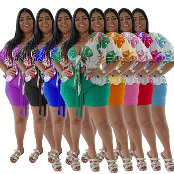 Femei Stil Boem Două Piese Seturi de pantaloni Scurți de Vară 2022 V-gât Jumătate mâneci Dantelă-Up Topuri Sărbătorile de pantaloni Scurți, Costume de Vacanțe pe Plajă