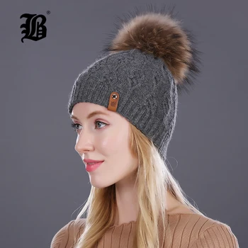 [FLB] Pălării de Iarnă Pentru Femei Pom Poms Real de Blană de Nurcă de Lână Tricotate Pălărie Beanie Noi Gros Țină de Cald Capota Femme Fata 2017 nou