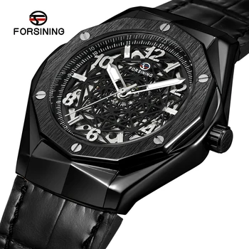 Forsining Brand Unic de Formă Neregulată Cadran Negru din Piele Automatic Self-wind Ceasuri Pentru Barbati Mâinile Luminos Sport Ceas