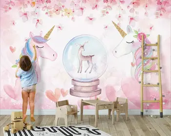 Fotografie 3d imagini de fundal personalizate, pictura murala desen Animat flori acuarelă unicorn camera copiilor decor acasă tapet pentru pereti 3d