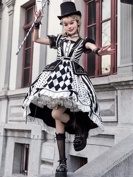 Gothic Lolita JSK Rochie Poliester Romb Dot Arcuri Detasabile Overskirt fără Mâneci Negru Lolita-O singură Bucată Rochii De Cu PUJI