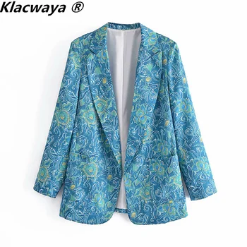 Klacwaya 2021 Femei De Moda De Imprimare Albastru Sacou Vintage Nu Se Permite Deducerea Maneca Lunga Femei Streetwears Cardigan Casual Sacouri Haina