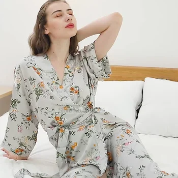 Liber Kimono-Halat De Baie Pentru Femei Din Satin Imprimat Halat De Flori Lung Halat De Baie Sexy V-Neck Pijamale De Vară Subțire, Îmbrăcăminte De Noapte Lounge Purta