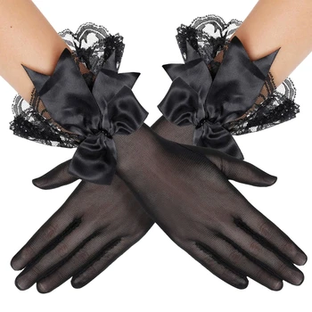 Mireasa Scurte Mănuși de Nuntă Mireasa Manusi Dantela Pură cu Bowknot Decor Plin Degetul Mănuși de Cosplay Costum