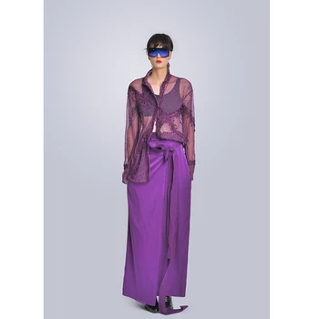 MISHOW Milano Fashion Week Primavara/Vara 2020 Femei din Două Piese Set Perspectivă de Turn-down Guler Bluza Fusta Lunga Costum Uite-9