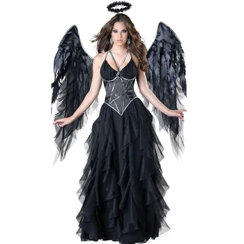 New Adult Halloween Rochie fara Bretele + Diadema + Aripi Gotic Sexy Angel Cosply Femei Rochie Neagra Diavolul Înger Căzut Costum
