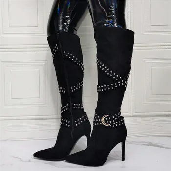 Pereira noi misto de catifea neagră a subliniat toe nit curea de metal stilet toc înalt cizme pentru femei și genunchi