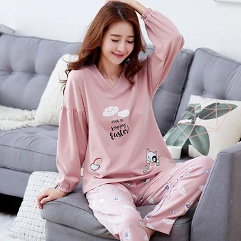 Pijamale Femei De Toamnă De Primăvară De Bumbac, Mâneci Lungi, Două Seturi De Pijamale Subțiri De Desene Animate Coreene Elevii Pijamale Largi Acasă Costum H5615