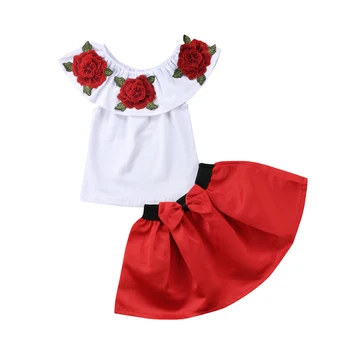 Pudcoco Rapid de Transport maritim Noua Moda Copii Baby Girl Haine Set de Pe Umăr 3D Rose Flower Bluza de Sus Fusta Costum de Haine