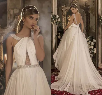 robe de mariee 2020 Perle Elegante Conservatie fără Mâneci fara Spate Șifon Rochii de Mireasa Boho Rochie de Mireasa vestidos de noiva
