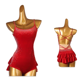 roșu Patinaj artistic Rochie Femei fata de Patinaj Rochie de Gimnastica Costum personalizat de cristal stras B127