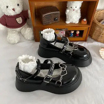 Sora moale Japoneze Kawaii Pantofi Jk cu talpi Groase Gothic Lolita Pantofi Femei Iubesc Catarama Lanț Stil de Colegiu Mici Pantofi de Piele