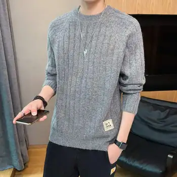 Toamna și Iarna Nouă Bărbați rotund Gat Culoare Solidă Pulover Stil coreean de Agrement pulover Pulover Stil Hong Kong Slim Fit