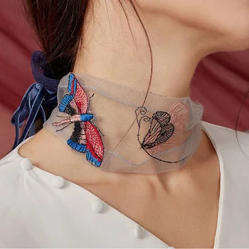 Vara Subțire Brodate Fluture Înguste Eșarfă Lungă de Mătase Moda coreeană Plasă Transparentă Banda de Păr Moale Femei Guler Fals B46