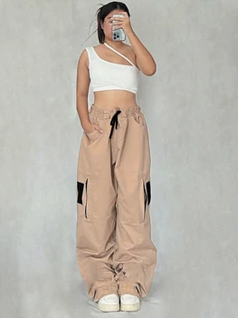 YIKUO Culoare de Contrast Buzunare Kaki Pantaloni Femei Casual Vintage anii ' 90 y2k Streetwear Cordon Talie Joasa, Pantaloni Drepte